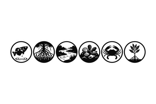 A set of six circular icons depicting various elements of a mangrove ecosystem and coastal nature.