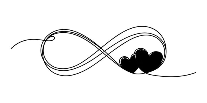 Continuous line art of an infinity symbol with two black heart shapes representing eternal love and romantic connection Vector, illustration