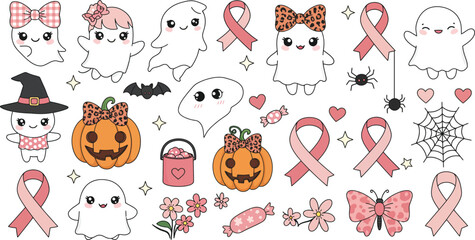 Fototapeta premium A collection of cute hand drawn halloween elements featuring ghosts pumpkins bats and pink breast cancer awareness ribbons on white background