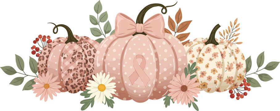 A festive autumn arrangement featuring three decorative pumpkins with leopard print patterns and floral accents isolated on a clean white background