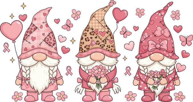 Three cute valentines day gnomes with pink hearts and leopard print hats decorated with flowers and bows on white background