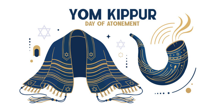 Yom Kippur Day of Atonement Greeting Banner with Tallit Prayer Shawl and Shofar Horn Vector Illustration