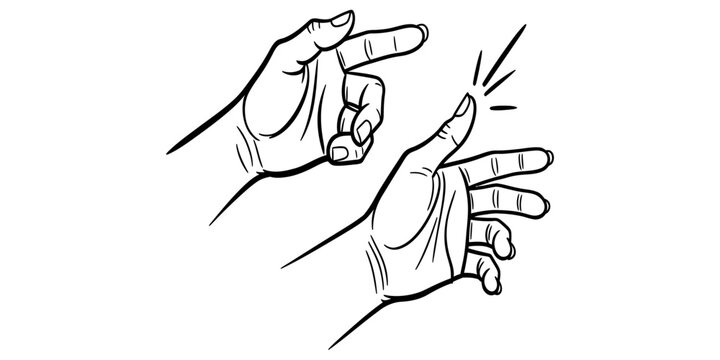 Two human hands snapping fingers gesture shown in a simple black and white line art drawing style illustration Vector, illustration