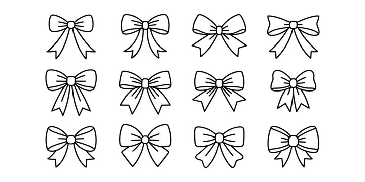 Set of twelve simple ribbon bow icons in black outline style for gift wrapping decoration and festive holiday design Vector, illustration