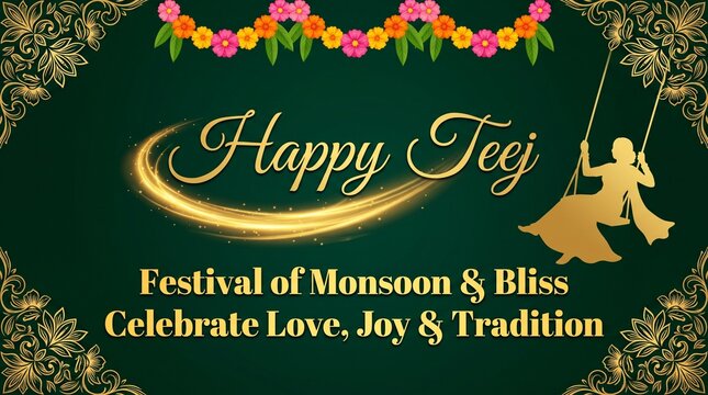 Happy Hartalika Teej festival greeting design with floral decoration and traditional Indian festive elements