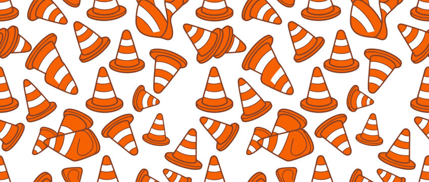 Seamless Pattern of Orange Traffic Cones, Construction Warning Cones Vector Art