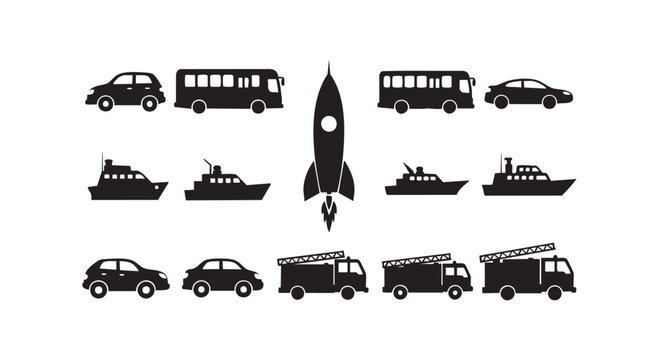 Modern vehicle silhouettes featuring rocket launch car bus yacht and fire truck graphics for diverse industry concepts.