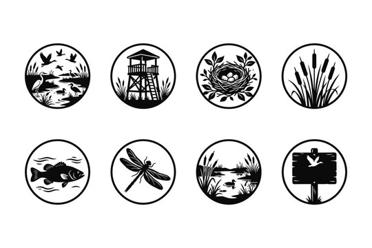 Set of eight circular nature and wildlife icons featuring birds fish insects and landscape elements.