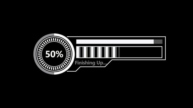A sleek digital animation of a finishing up progress bar with a circular percentage indicator on a black background.