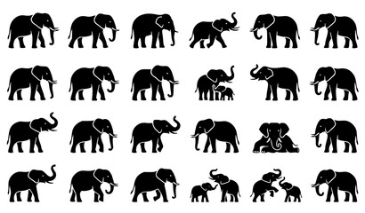 Elephant Silhouette Collection with Adult Baby Walking Standing and Wildlife Animal Vector Icons © Keyapayal