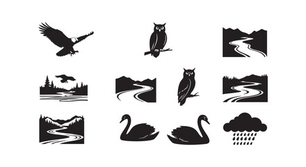 Obraz premium Nature silhouettes eagle owl swans river landscape mountains cloud.