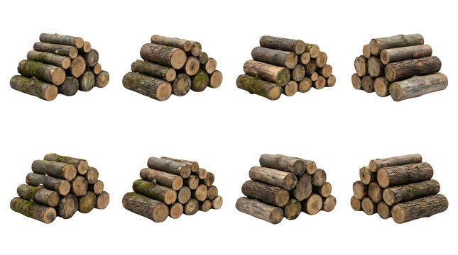 Natural firewood logs collection, eight stacks of rustic timber wood isolated on white, brown textured tree trunks for winter heating and fireplace fuel