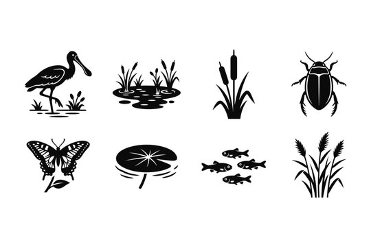 Set of black silhouette icons depicting various wetland flora and fauna.