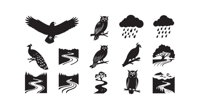 Nature silhouette set with eagle peacock owl pigeon trees rivers and rain clouds for diverse landscape designs.