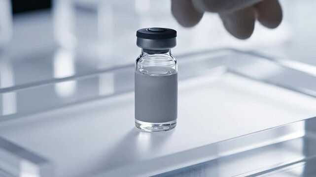 Close-Up Of A Gloved Hand Holding A Small Glass Vial In A Laboratory On A Sterile Surface For Medical And Pharmaceutical Use
