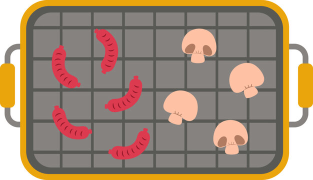 Cute mushroom sausage on grill barbecue party elements vector collection