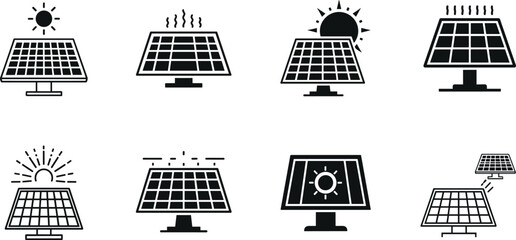 Solar panel vector icon set featuring renewable energy systems sun rays heating elements and clean power technology © PJ DeSign