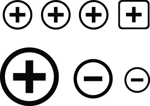 Plus and minus math sign vector icon set featuring addition subtraction positive negative circle square button elements