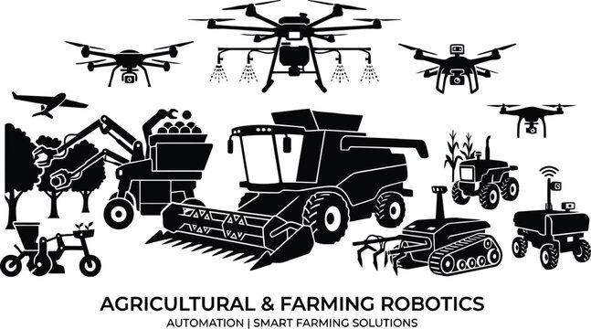Agricultural robots and farming drones illustration