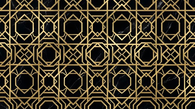 Luxury Nero Marquina Marble and Geometric Gold Inlay Seamless Pattern
