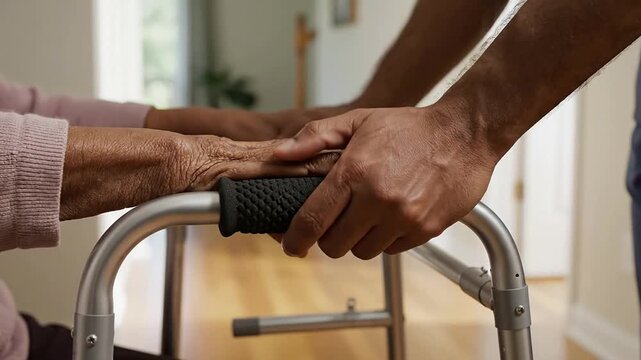 Close-Up Of Caregiver Assisting Elderly Patient With Walker In Warm Home Environment Highlighting Compassion And Support In Senior Care