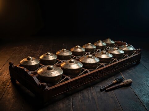 Vertical gamelan bonang barung Javanese gamelan on dark studio