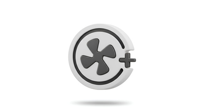 3D render of a stylized circular icon with a dark gray fan shape and a plus symbol isolated