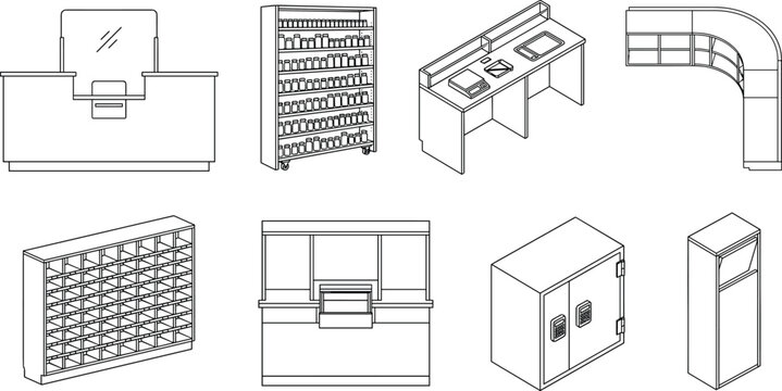 Line vector icon set of bank teller counter and pharmacy furniture
