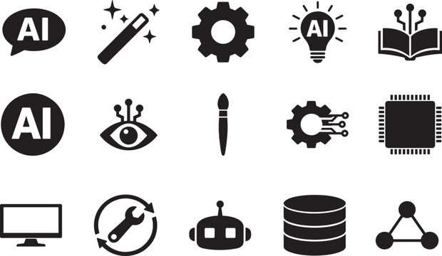 Solid and outline robot and computer vector icon set for AI, automation, technology and digital systems.
