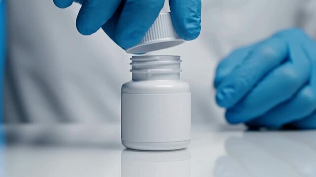 Close-Up Of Gloved Hands Manipulating A White Pill Bottle In A Sterile Healthcare Environment