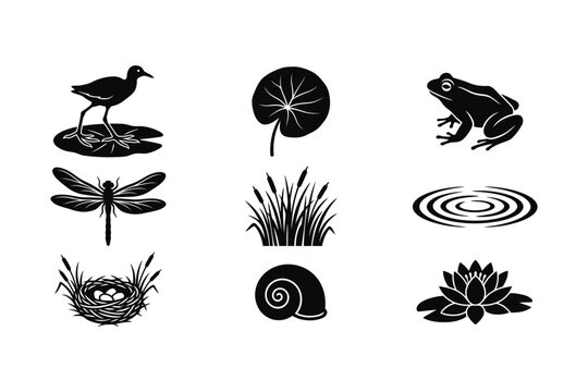 A collection of black silhouette icons representing pond life and wetland nature elements.