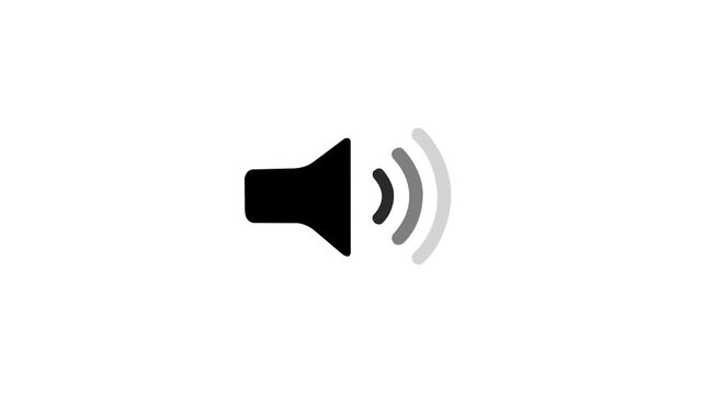 White speaker icon with three grey sound waves on a black background audio volume.4k video animation.