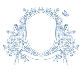 Fototapeta premium Floral crest frame shield. Vintage baroque flower line art wedding monogram. Elegant ornate luxury victorian ornament emblem. Royal botanical wreath. Vector outline illustration