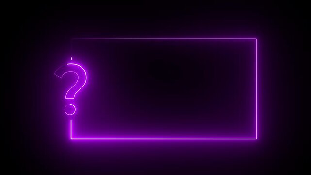Purple neon question mark and rectangle frame on black background symbol punctuation.4k video animation.