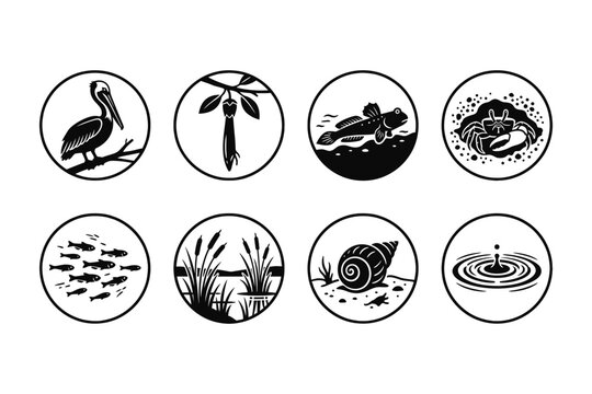 Set of eight circular icons featuring nature and wildlife illustrations in a black and white linocut style.