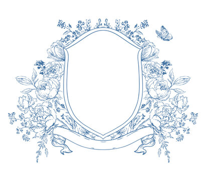 Floral crest frame shield. Vintage baroque flower line art wedding monogram. Elegant ornate luxury victorian ornament emblem. Royal botanical wreath. Vector outline illustration