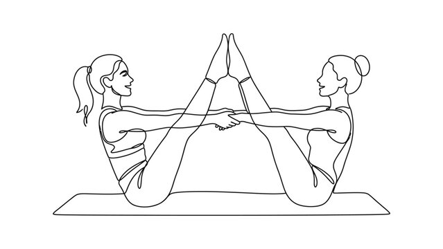 Continuous line drawing of two women practicing partner yoga on a mat.