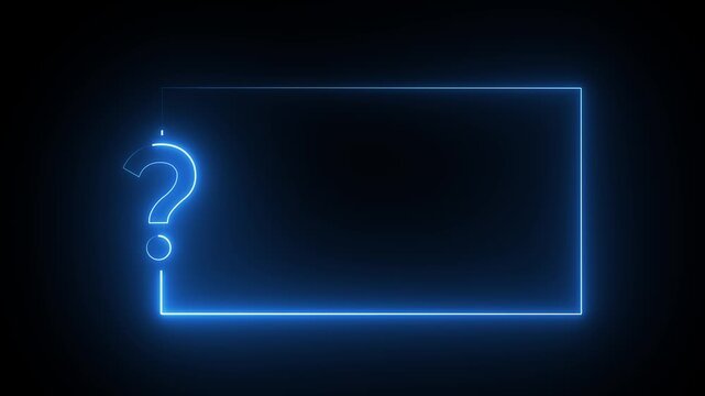 Purple neon question mark and rectangle frame on black background symbol punctuation.4k video animation.