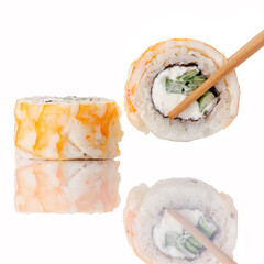 Shrimp sushi roll collage with chopsticks and reflection © Cavan