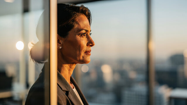 Thoughtful businesswoman looking out window at sunset, profile view, perfect for corporate vision, leadership and future planning concepts