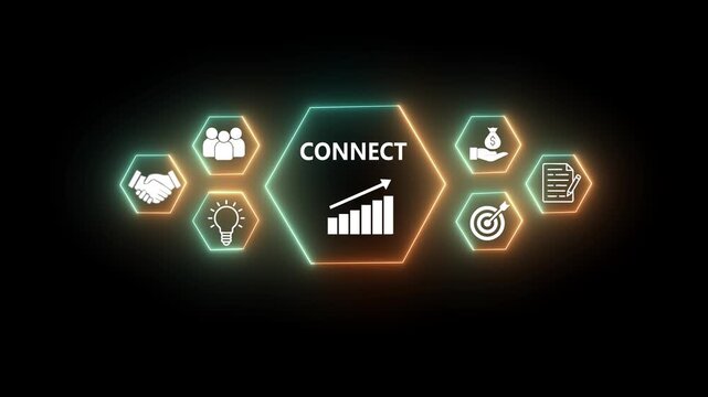 Business growth strategy success concept with glowing neon icons handshake team idea lightbulb money calculator target document and upward trending graph with rocket launch on dark.4k video.