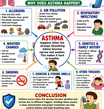 Why Does Asthma Happen? Understanding Allergens, Air Pollution, Respiratory Infections, Weather Changes, Genetics, Smoking, Exercise, Stress, Triggers, Symptoms, and Respiratory Health Prevention