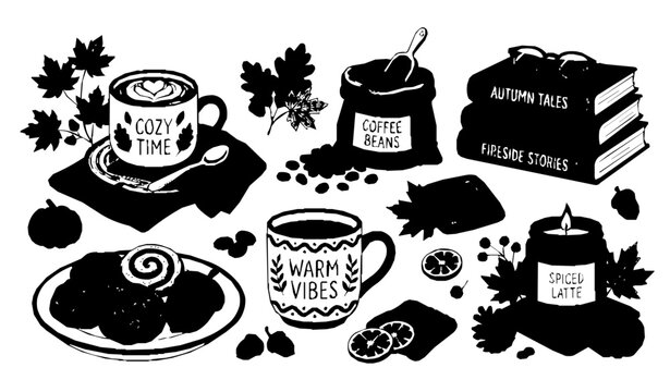 Cozy Coffee Time Vector Collection with Latte Books Cookies and Autumn Lifestyle Elements