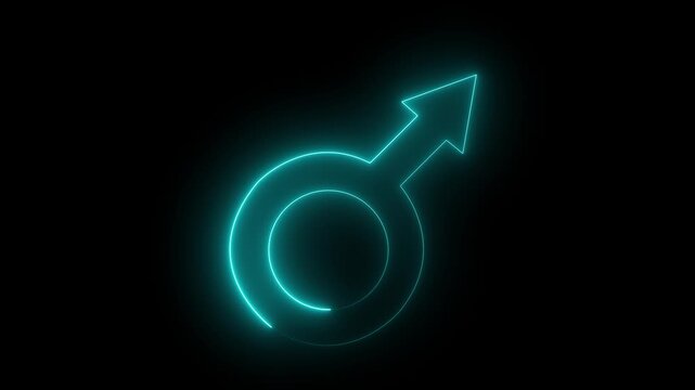 Neon male logo icon symbol on black background. Animated male gender symbol icon. male sign of gender equality icon.4k video.