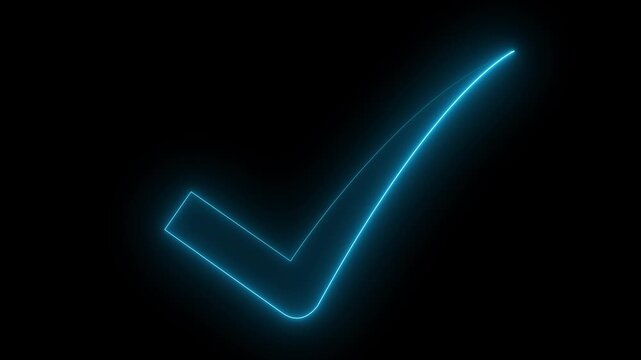 Glowing neon check mark icon animation on black background.4k video animation.