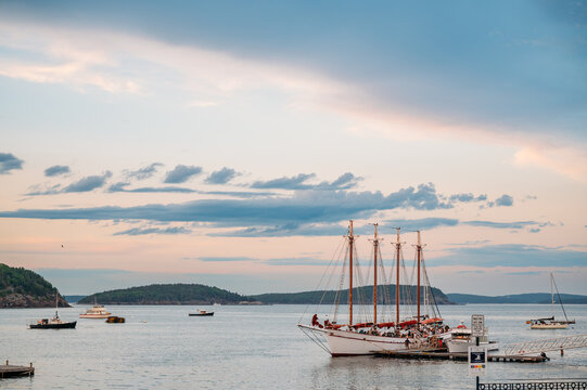 Schooner docked in Bar Harbor at sunset