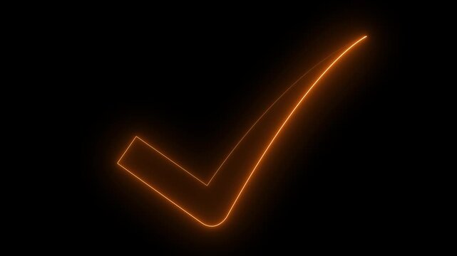 Glowing neon check mark icon animation on black background.4k video animation.