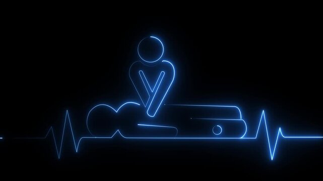 Neon CPR Resuscitation Animation with Heartbeat ECG Line on Black Background, Emergency First Aid and Life Saving Concept 4K...