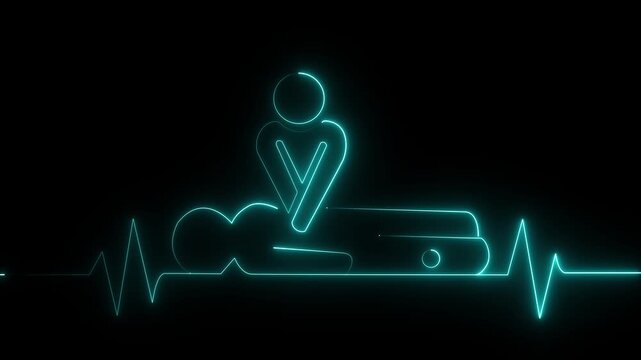 Neon CPR Resuscitation Animation with Heartbeat ECG Line on Black Background, Emergency First Aid and Life Saving Concept 4K...