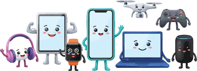Cute Kawaii Tech Gadget Vector Character Set with Smiling Phone, Laptop, Tablet, Drone, Smartwatch, Gamepad, and Audio Devices © Rimu